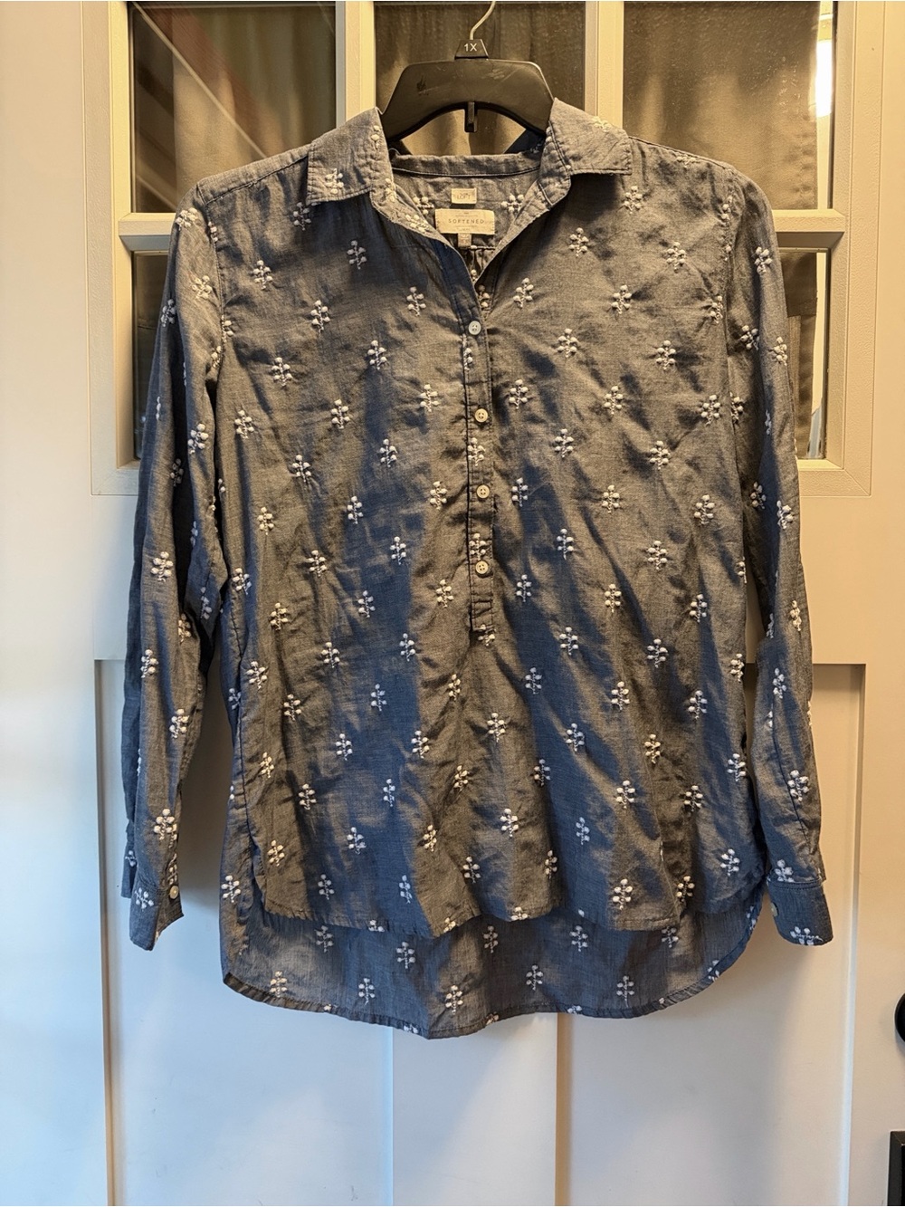LOFT Blue Embroidered Partial Button-Down Shirt